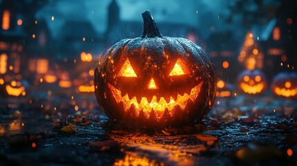 Naklejka premium Lighted Jack-o'-Lantern in a Rainy Halloween Setting