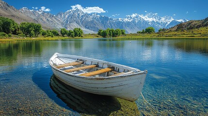 Rowboat on calm lake with mountain backdrop