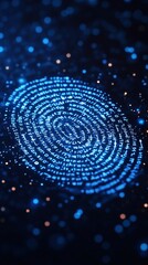 Digital fingerprint illustration with glowing blue patterns on a dark background.