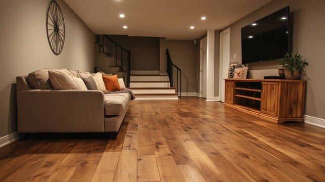 Cozy Modern Basement Living Room with Wooden Flooring and Comfortable Sofa in Contemporary Home Interior