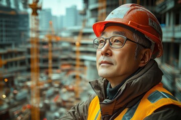 Confident Asian engineer overseeing urban construction site, wearing safety gear, symbolizing leadership in industry.