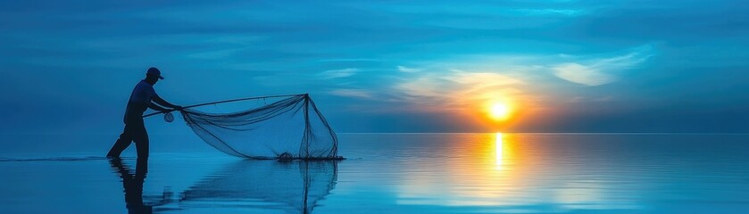 Obraz premium Silhouette of Fisherman Casting Net in Tranquil Ocean at Sunrise with Vibrant Blue and Orange Sky Reflections