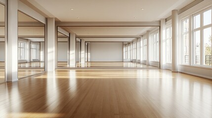 Spacious Sunlit Modern Dance Studio with Large Windows and Wooden Flooring for Yoga or Ballet Classes