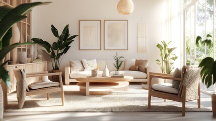 Modern Interior of Stylish Living Room ,Wall Mock Up, Frame , Poster with Beautiful Background, 3d render