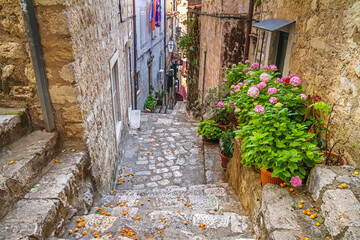 Obraz premium Mediterranean summer cityscape - view of a medieval street with stairs in the Old Town of Dubrovnik on the Adriatic Sea coast of Croatia