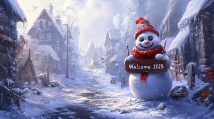 Fototapeta premium Snowy Village with Cheerful Snowman Welcoming New Year