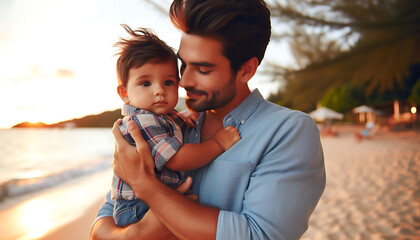 A happy couple enjoying a summer vacation on the beach with their child