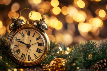 Old clock atop Christmas tree, showcasing festive decoration with antique touch, blending tradition...