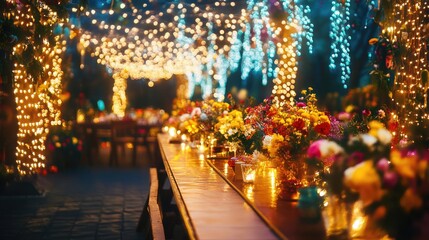 Enchanting Night Garden with Festive Lights and Flowers