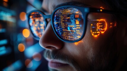 WorkspacCloseup portrait of focused software engineer wearing eyeglasses looking at computer screen working with big datae, data from the screen are reflected on the glasses of a young man, programmer