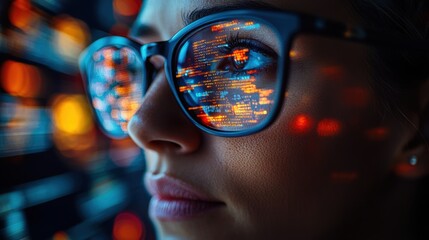 WorkspacCloseup portrait of focused software engineer wearing eyeglasses looking at computer screen working with big datae, data from the screen are reflected on the glasses of a young man, programmer