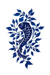 Fototapeta premium Stylized fish surrounded by leaves on a white background.