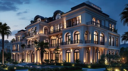 Fototapeta premium Contemporary 3D Illustration of Residential Building at Night