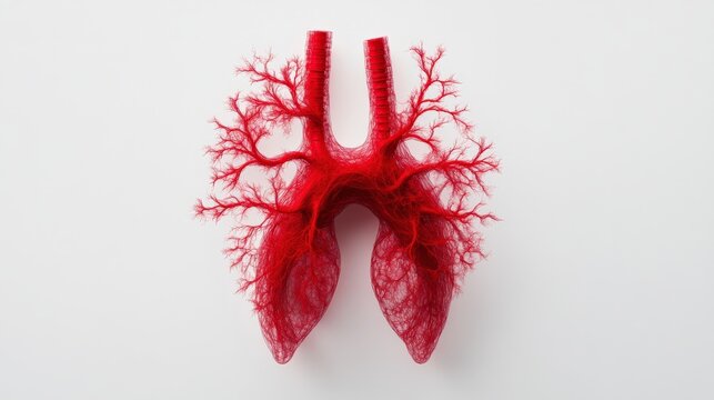 Stylized red lungs with intricate vascular structures, isolated on white background.