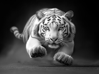 Obraz premium A huge white tiger with sharp eyes and flowing fur is running