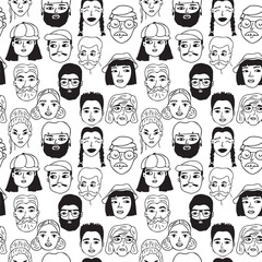 Doodle cartoon black white people faces line seamless pattern. Vector trendy hand drawn illustration of isolated heads on white background that can be used as a wallpaper or wrapping paper