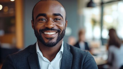 Obraz premium Smiling professional in a modern office setting with colleagues in background