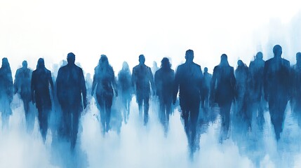 Silhouettes of people walking in a misty blue landscape