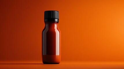 A brown glass bottle with a black lid on an orange background.