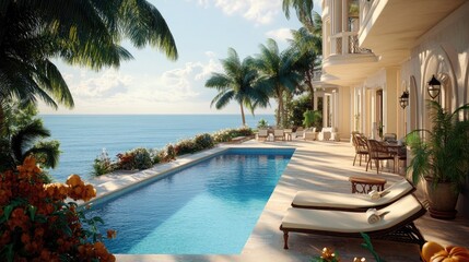 Obraz premium Luxury Beach House 3D Rendering with Expansive Views