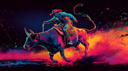 Vibrant rodeo scene of a cowboy riding a charging bull under neon lights