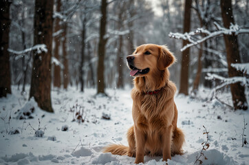 beautiful golden retriever dog standing outdoors in winter forest