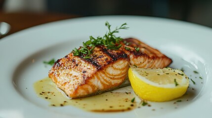 Grilled Salmon Fillet with Lemon Garnish