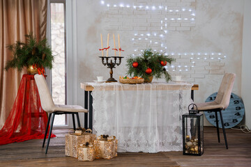 Cozy Holiday Dining Table Setting with Festive Decorations