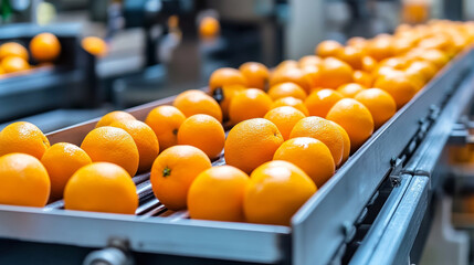  fresh oranges on Conveyor belt in a factory.ai generative