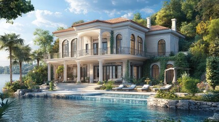 Obraz premium Stunning Coastal Villa with Luxurious Pool and Garden