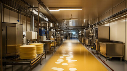 full view of cheese making process in a factory.ai generative