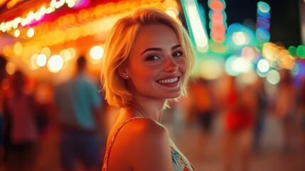 Obraz premium A joyful young blonde woman smiles brightly at a night festival, surrounded by vibrant, colorful bokeh lights. Her carefree expression captures the lively energy of the urban event.