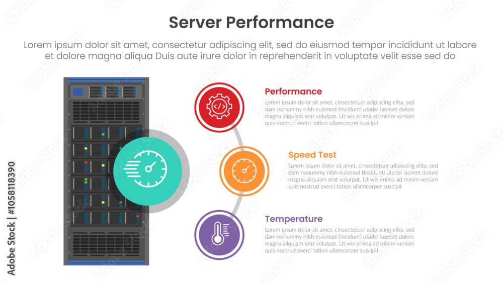 Poster server technology infographic template banner with standing server and half circle line connection f