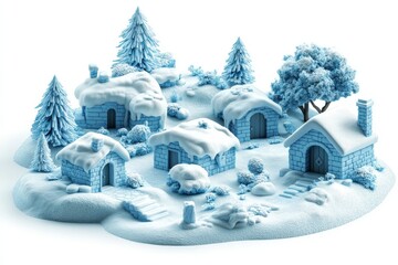 Snowy miniature village scene with small cottages and trees capturing the cozy charm and nostalgic feel of a winter wonderland in soft blue tones