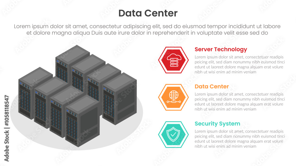 Poster server technology infographic template banner with isometric data center illustration and hexagon po