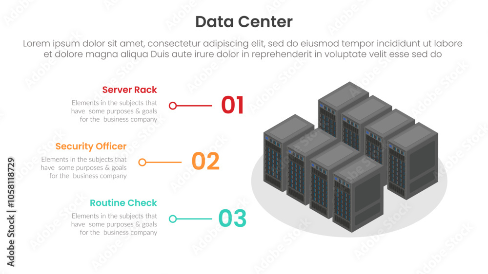 Poster server technology infographic template banner with isometric data center illustration with half circ