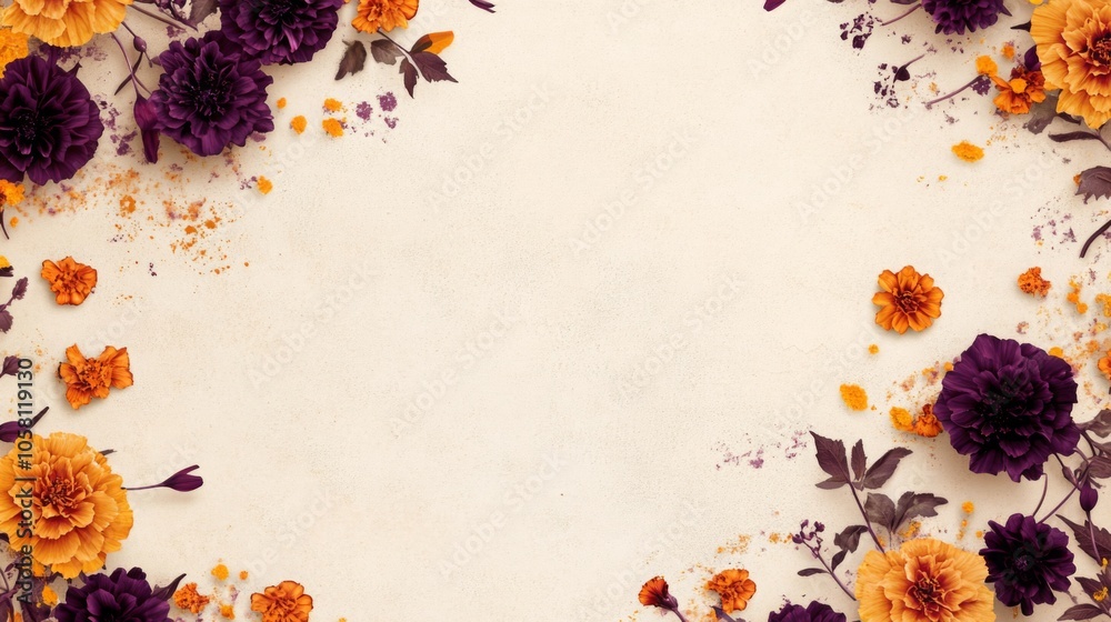 Poster a vibrant floral design features an array of purple and orange flowers gracefully arranged against a