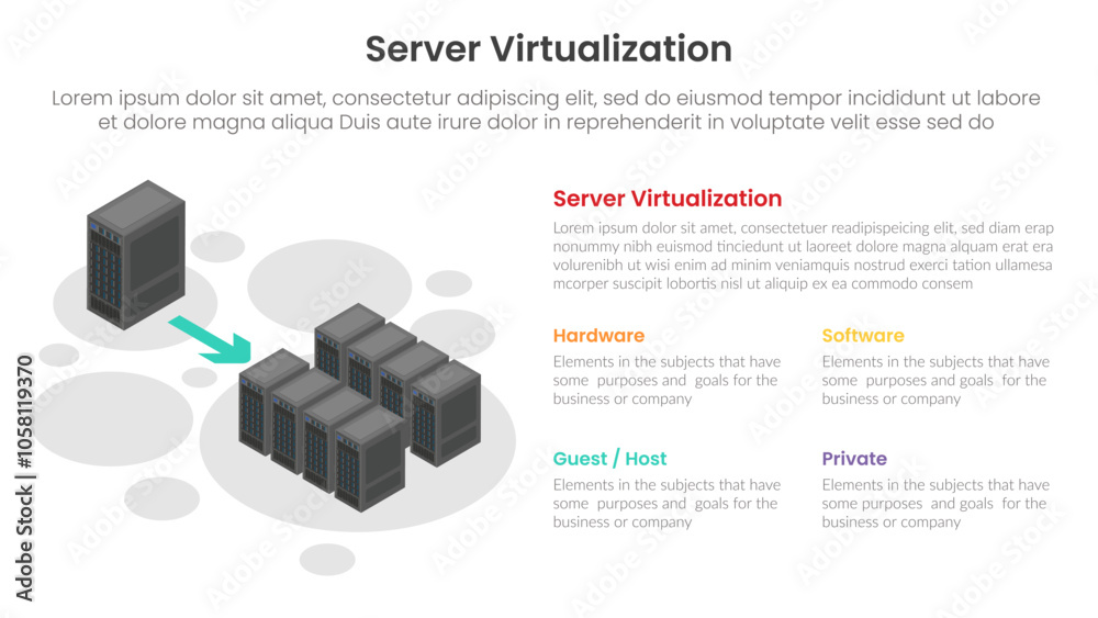 Poster server technology infographic template banner with server virtualization concept with isometric serv