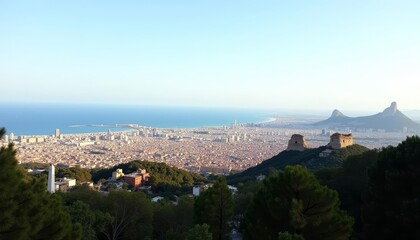 Fototapeta premium Panoramic view of a bustling city from a serene hilltop