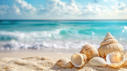 Seashells Scattered on Sandy Beach by the Ocean
