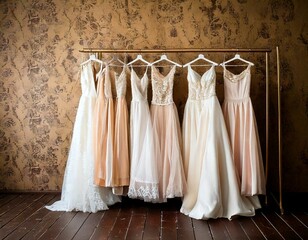 a row of elegant vintage inspired wedding dresses on rail in boutique 