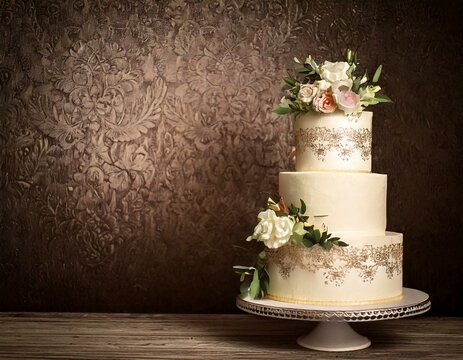 elegant 3 tier wedding cake with flowers on display against a vintage wall 