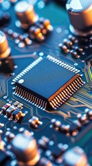 Obraz premium Detailed Close-Up of a Microchip on Circuit Board