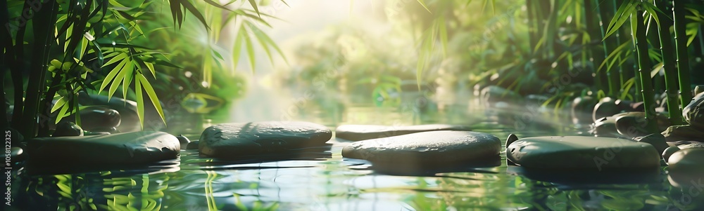 Poster a serene, tranquil scene of a lush green landscape with a calm water body and soft light filtering t