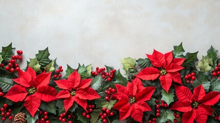 A beautiful arrangement features bright red poinsettias intertwined with deep green leaves and rich berries, perfect for adding a festive touch to winter celebrations in a warm indoor atmosphere.