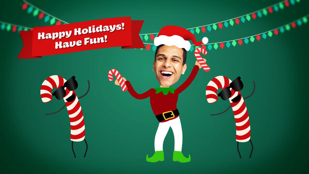 Holiday Elf Character Dancing with Candy Canes face replacement for fun holiday video