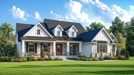 Stunning 3D Rendering of Traditional Home Elevation