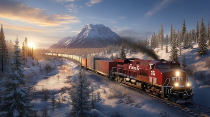 A red locomotive drives along snowy tracks while an ATM crosses paths with a freight train carrying cargo containers in winter scenery