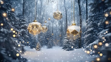 Festive winter forest scene with golden ornaments hanging from snowy trees.