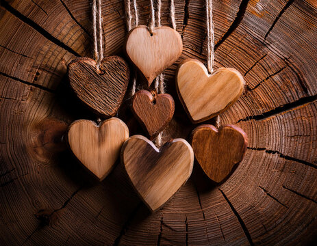 Wooden hearts on a old tree trunk background. Valentines day background.